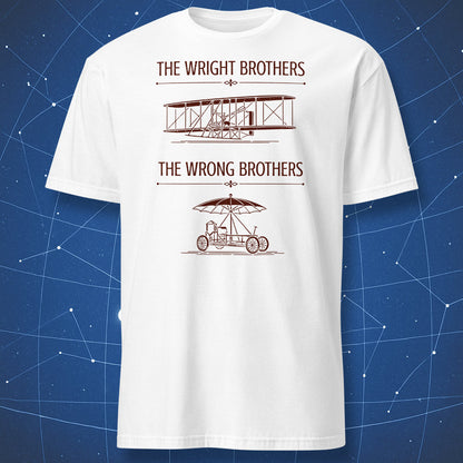 White t-shirt featuring a brown vintage aviation parody illustration of the Wright Brothers and the Wrong Brothers experimental machine.