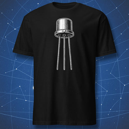 Minimalist vintage transistor illustration on black t-shirt