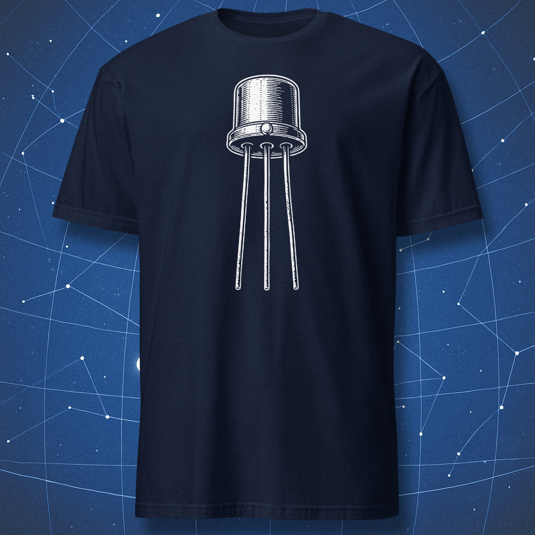 Retro metal transistor graphic on navy blue nerd t-shirt