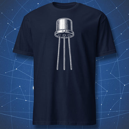 Retro metal transistor graphic on navy blue nerd t-shirt