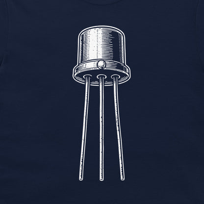A close-up of a dark navy blue t-shirt, featuring a white hand-drawn style graphic of an electronic transistor component.