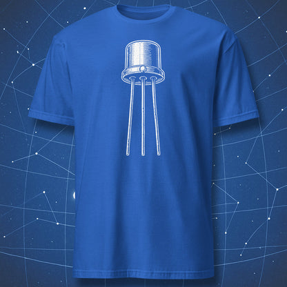 Vintage electronics transistor design on royal blue shirt