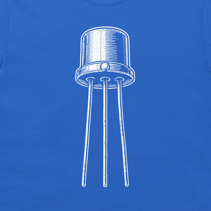 A close-up of a royal blue t-shirt, featuring a white line-art graphic of an electronic transistor component.