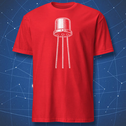 Minimal transistor artwork on red geek t-shirt