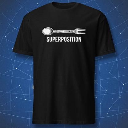 Black t-shirt with minimalist spoon and fork hybrid graphic and SUPERPOSITION text