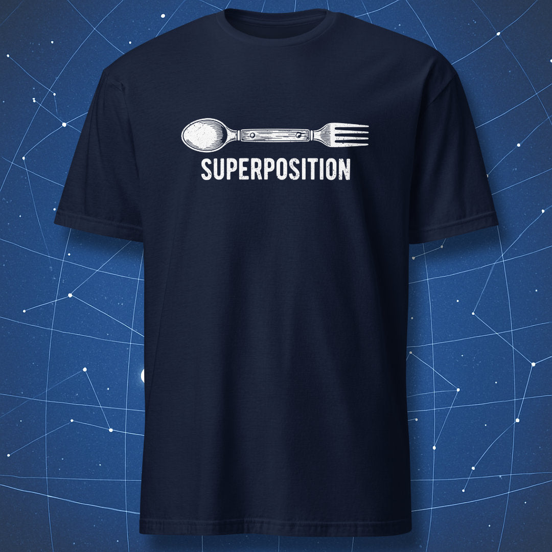 Navy blue t-shirt featuring vintage-style spoon fork hybrid and SUPERPOSITION typography