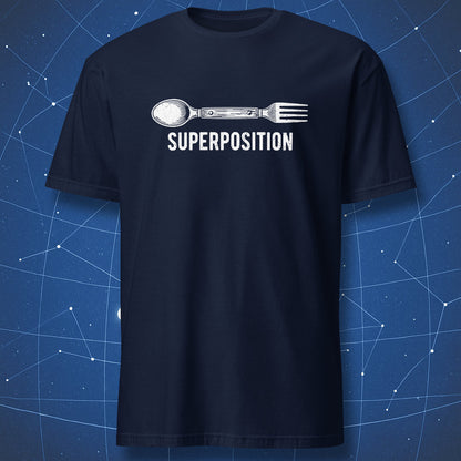 Navy blue t-shirt featuring vintage-style spoon fork hybrid and SUPERPOSITION typography