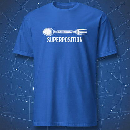 Royal blue physics humor t-shirt with spoon-fork superposition design in white
