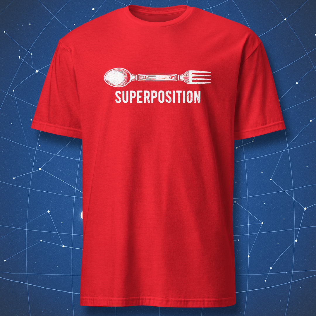 Red nerd humor t-shirt with minimalist quantum superposition spoon and fork graphic