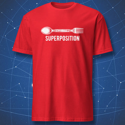 Red nerd humor t-shirt with minimalist quantum superposition spoon and fork graphic