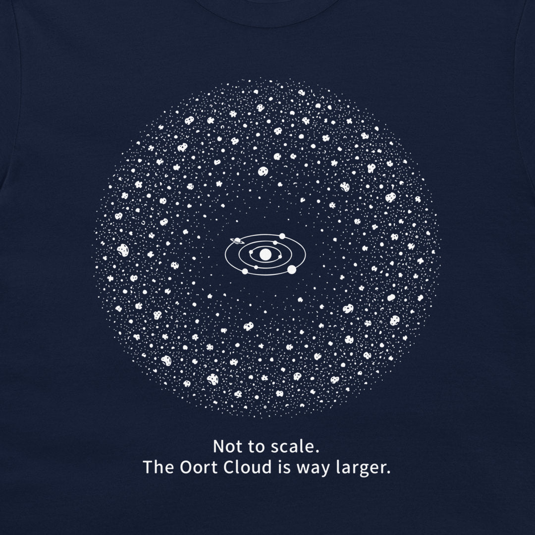 A close-up of a navy blue t-shirt featuring a white graphic of the Oort Cloud with the Solar System in the middle and the text 'Not to scale. The Oort Cloud is way larger.