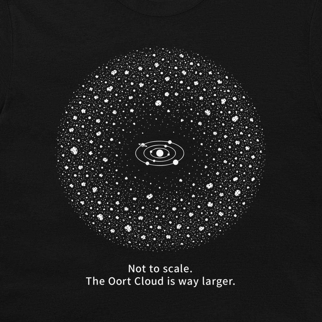 A black t-shirt featuring a white graphic of the Oort Cloud with the Solar System in the center and the text 'Not to scale. The Oort Cloud is way larger.