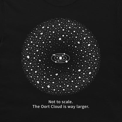 A black t-shirt featuring a white graphic of the Oort Cloud with the Solar System in the center and the text 'Not to scale. The Oort Cloud is way larger.