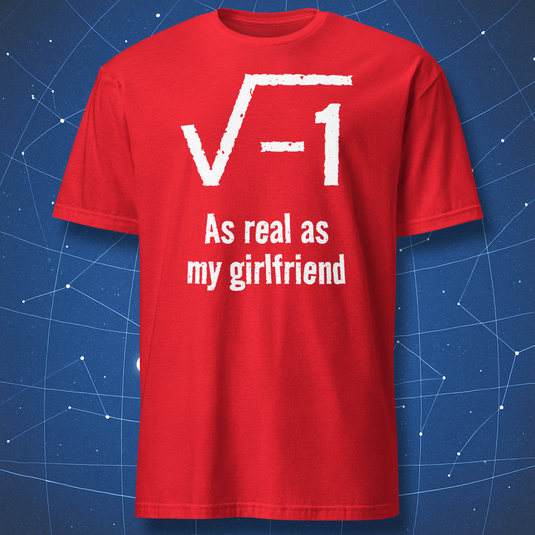 Red nerd humor t-shirt with imaginary number equation and self-deprecating math joke