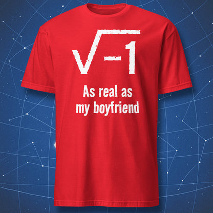 Red nerd humor t-shirt with imaginary number equation and self-deprecating math joke