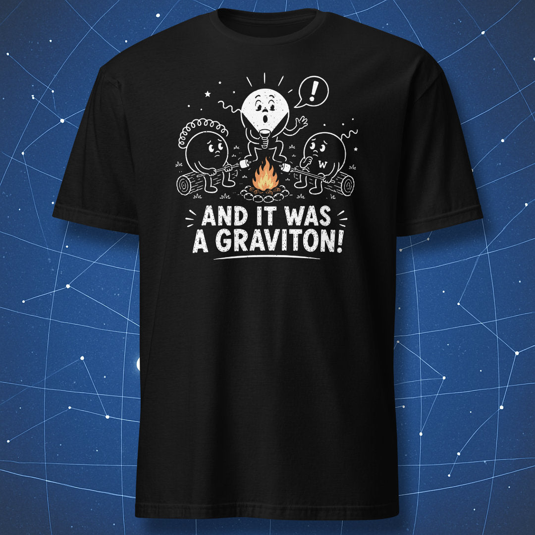 Particle physics campfire scene with photon, gluon, and W boson characters and the text And It Was a Graviton