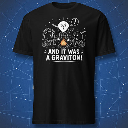 Particle physics campfire scene with photon, gluon, and W boson characters and the text And It Was a Graviton