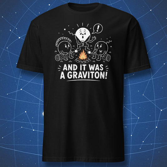 Particle physics campfire scene with photon, gluon, and W boson characters and the text And It Was a Graviton