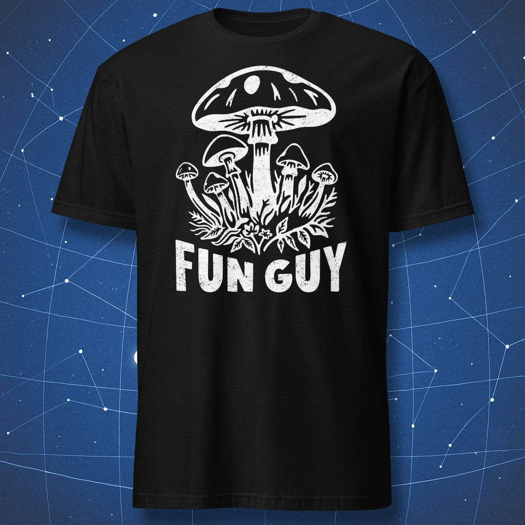 Fun Guy mushroom pun T-shirt featuring vintage mushroom illustration on black shirt
