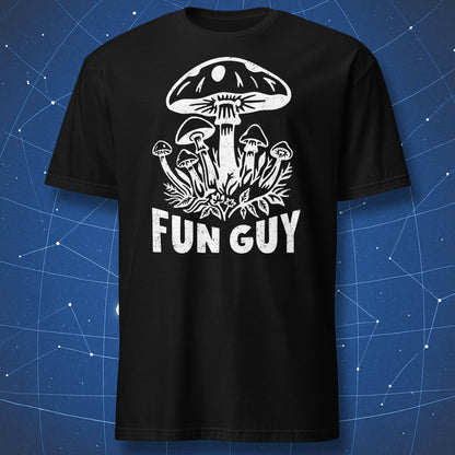 Fun Guy mushroom pun T-shirt featuring vintage mushroom illustration on black shirt