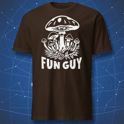 Fun Guy mushroom pun T-shirt with distressed mushroom graphic on dark chocolate shirt