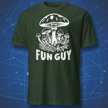 Fun Guy mushroom pun shirt featuring white mushroom artwork on forest green shirt