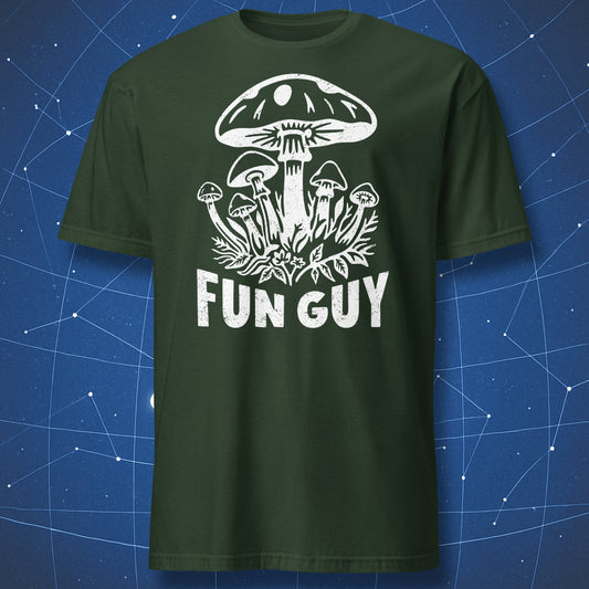 Fun Guy mushroom pun shirt featuring white mushroom artwork on forest green shirt