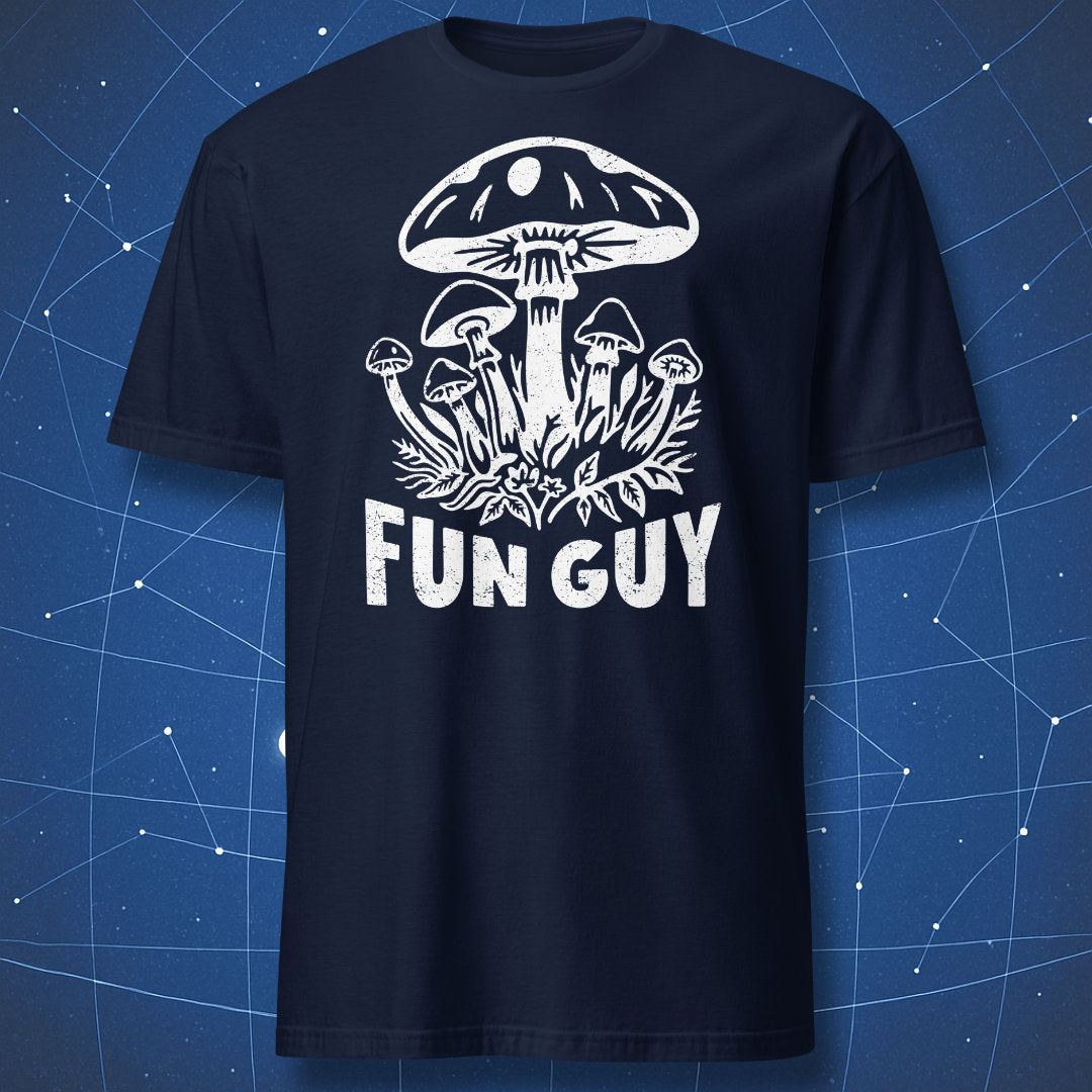 Fun Guy mushroom pun graphic T-shirt with vintage fungi illustration on navy shirt