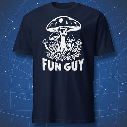 Fun Guy mushroom pun graphic T-shirt with vintage fungi illustration on navy shirt