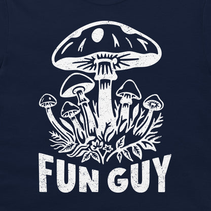 A close-up of a navy blue t-shirt, featuring a distressed white graphic of mushrooms and the text 'FUN GUY'.