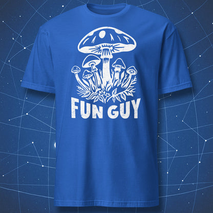 Fun Guy mushroom pun T-shirt featuring retro mushroom design on royal blue shirt