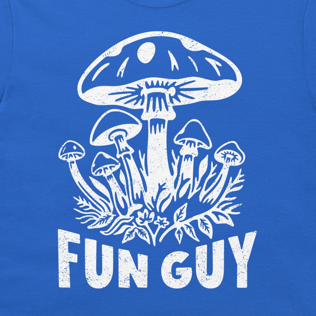 A close-up of a blue T-shirt featuring a white distressed graphic of mushrooms and the text 'FUN GUY'.