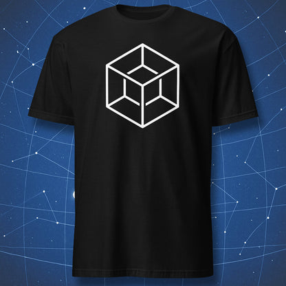 Minimalist white tesseract hypercube graphic on a black t-shirt.