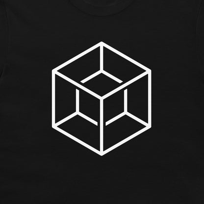 A close-up of a black t-shirt, featuring a white minimalist line art graphic of an impossible geometric cube in the center.