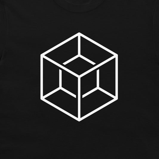 A close-up of a black t-shirt, featuring a white minimalist line art graphic of an impossible geometric cube in the center.