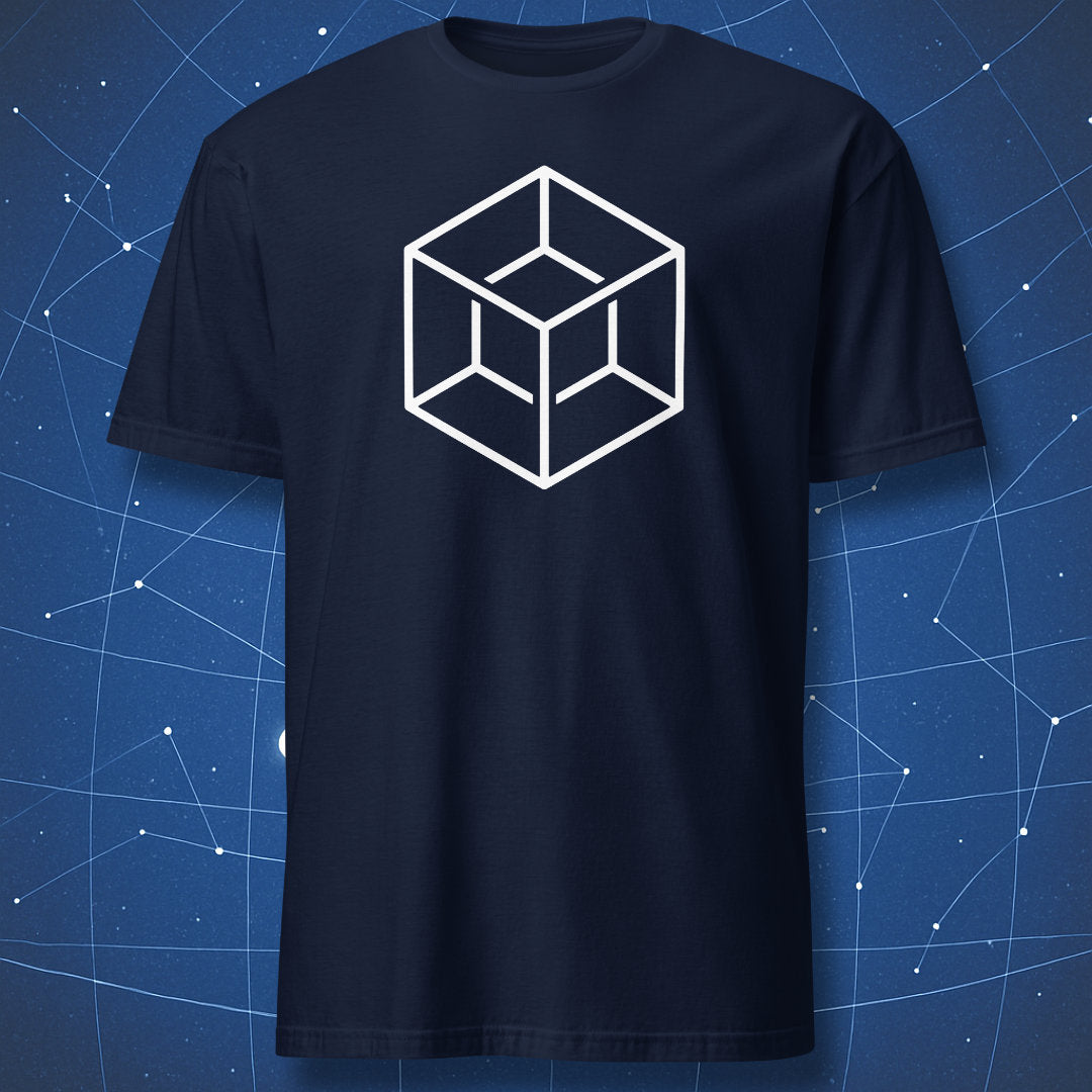 Minimalist white tesseract hypercube graphic on a navy blue t-shirt.