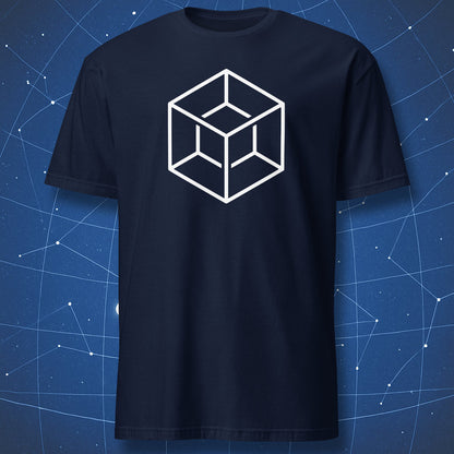 Minimalist white tesseract hypercube graphic on a navy blue t-shirt.