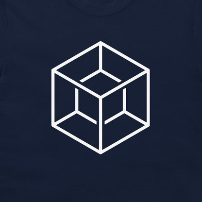 A close-up of a navy blue t-shirt featuring a white minimalist geometric cube graphic printed on the chest.