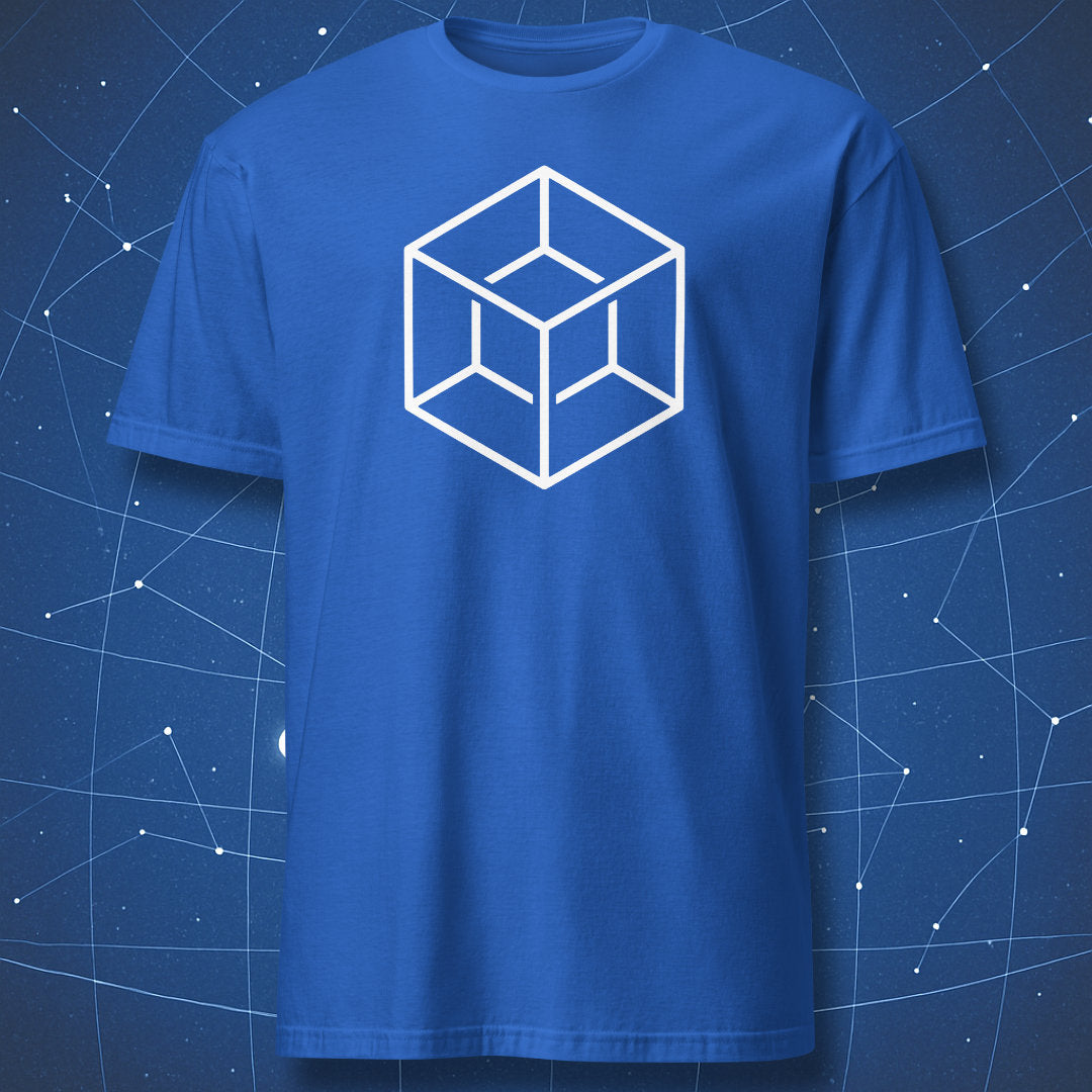 Minimalist white tesseract hypercube graphic on a royal blue t-shirt.