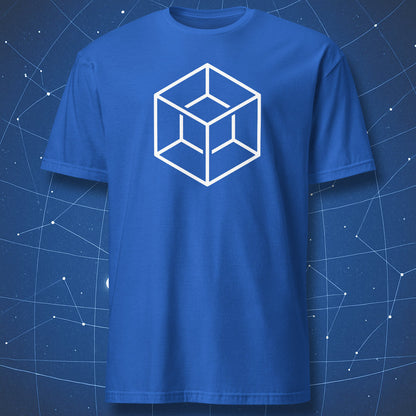 Minimalist white tesseract hypercube graphic on a royal blue t-shirt.