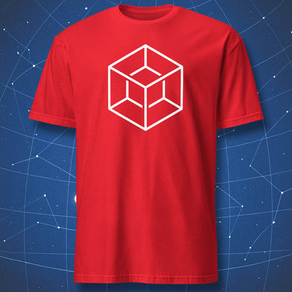 Minimalist white tesseract hypercube graphic on a red t-shirt.