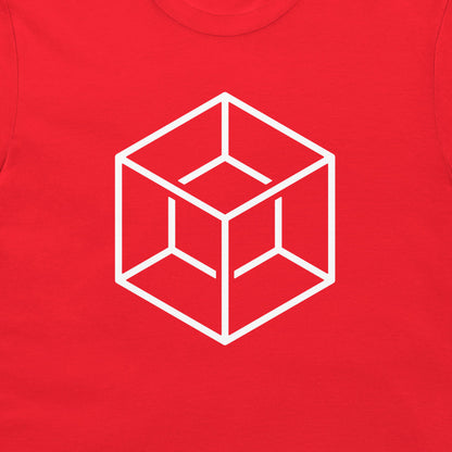 A close-up of a bright red t-shirt, featuring a white minimalist line art graphic of an isometric cube with a '3D illusion' in the center.