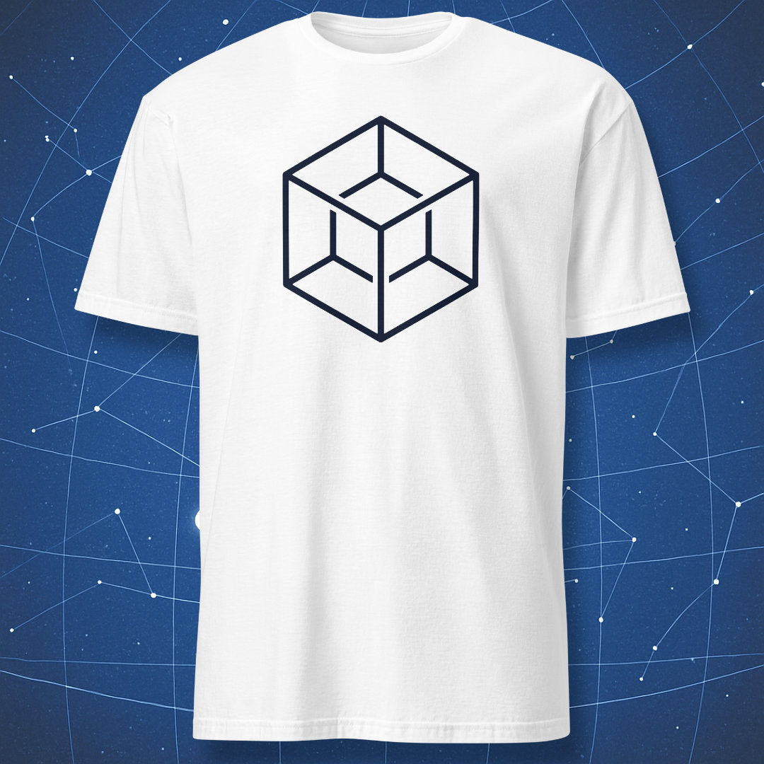 Minimalist navy blue tesseract hypercube graphic on a white t-shirt.
