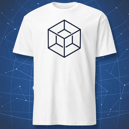 Minimalist navy blue tesseract hypercube graphic on a white t-shirt.