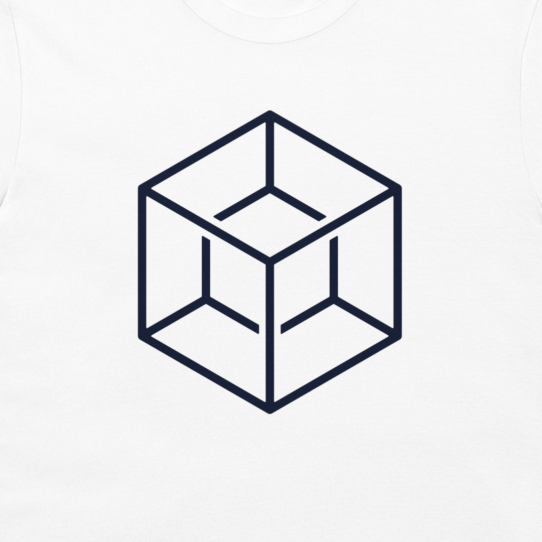 A white crewneck t-shirt featuring a dark navy blue minimalist line art graphic of an optical illusion cube in the center.