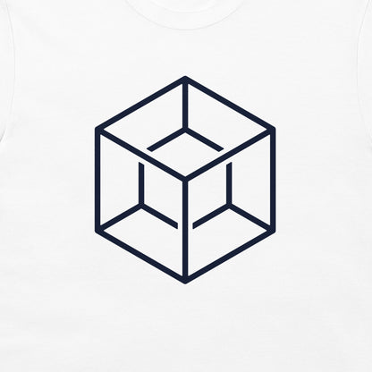 A white crewneck t-shirt featuring a dark navy blue minimalist line art graphic of an optical illusion cube in the center.