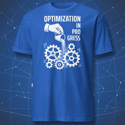 Royal blue t-shirt with white gear mechanism design and Optimization In Progress text.