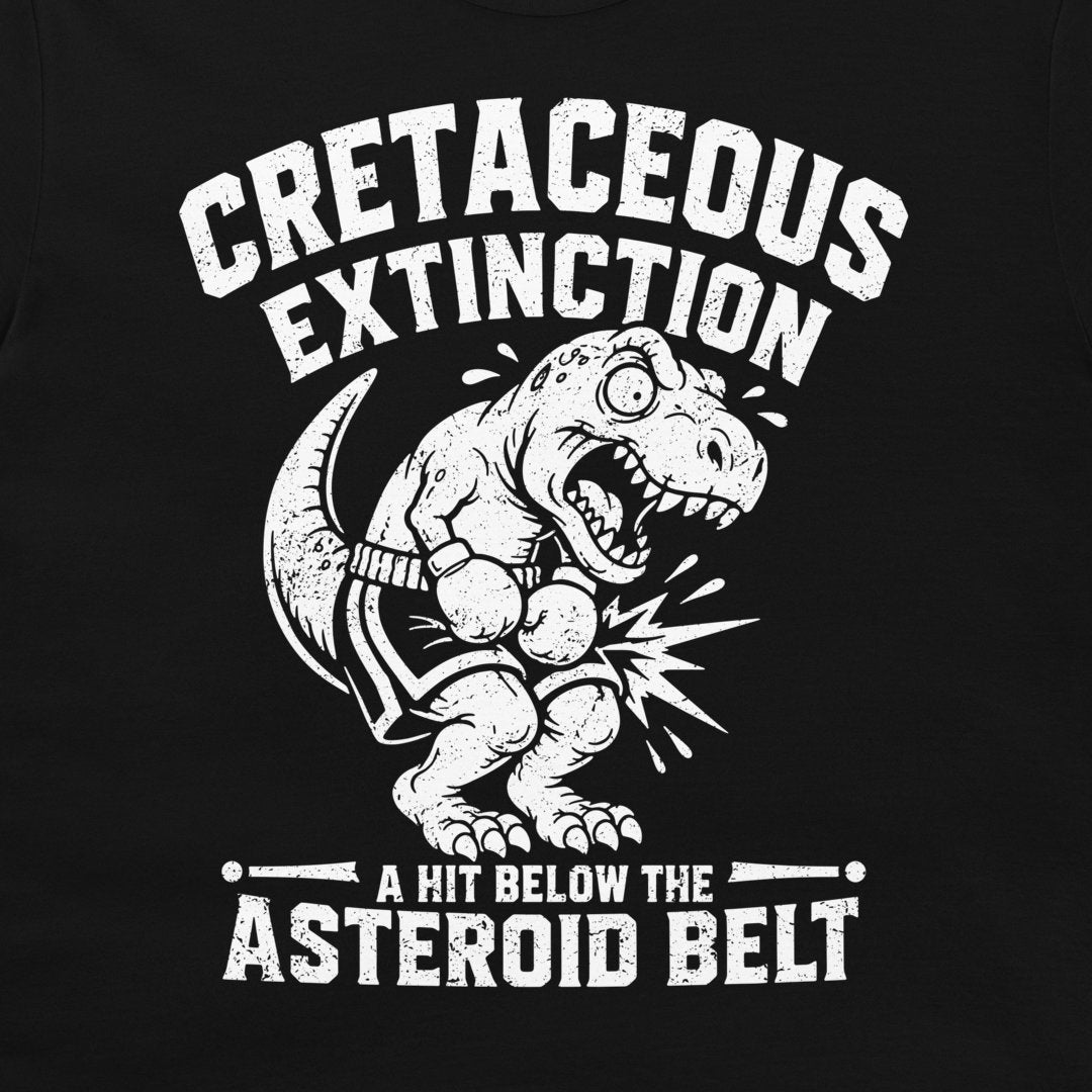 Close-up of a cretaceous extinction T-shirt with white T. rex boxer graphic and asteroid belt joke on black shirt.