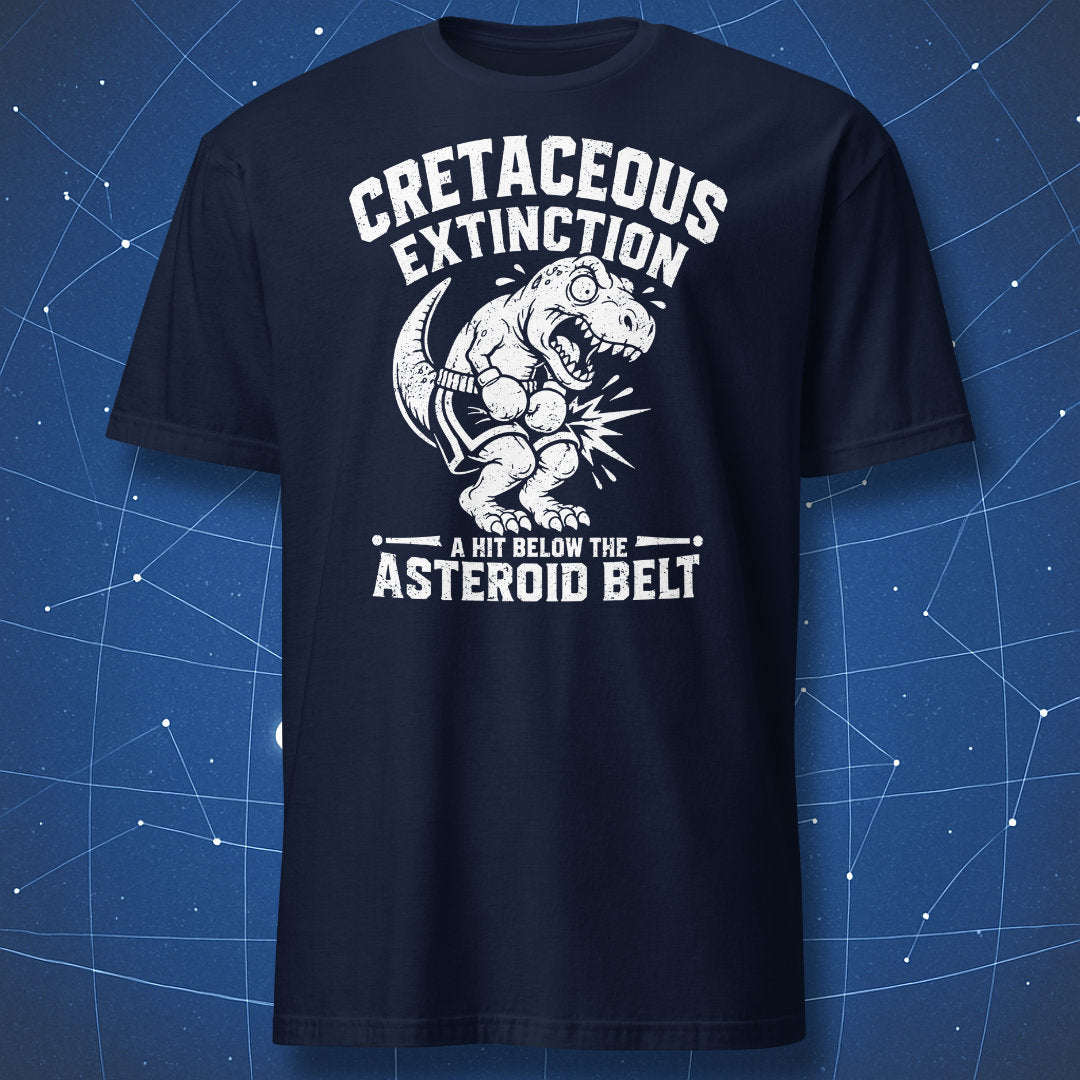 Cretaceous Extinction dinosaur boxer T-shirt with funny asteroid belt science pun on navy shirt.