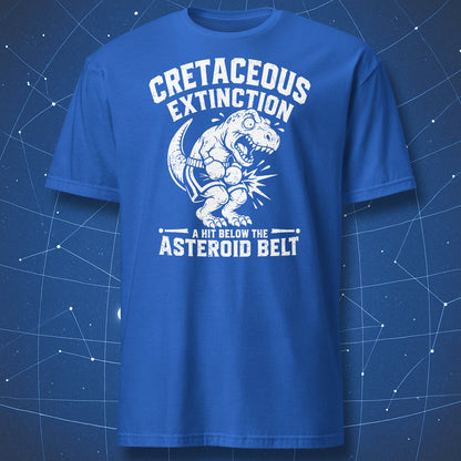 Dinosaur science joke T-shirt with T. rex boxer and Cretaceous Extinction asteroid belt pun on royal blue shirt.